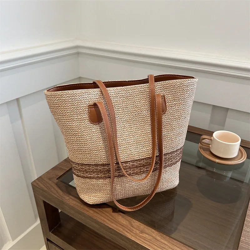 Women's Large Capacity Shoulder Bag Summer Straw Woven Basket Handbag
