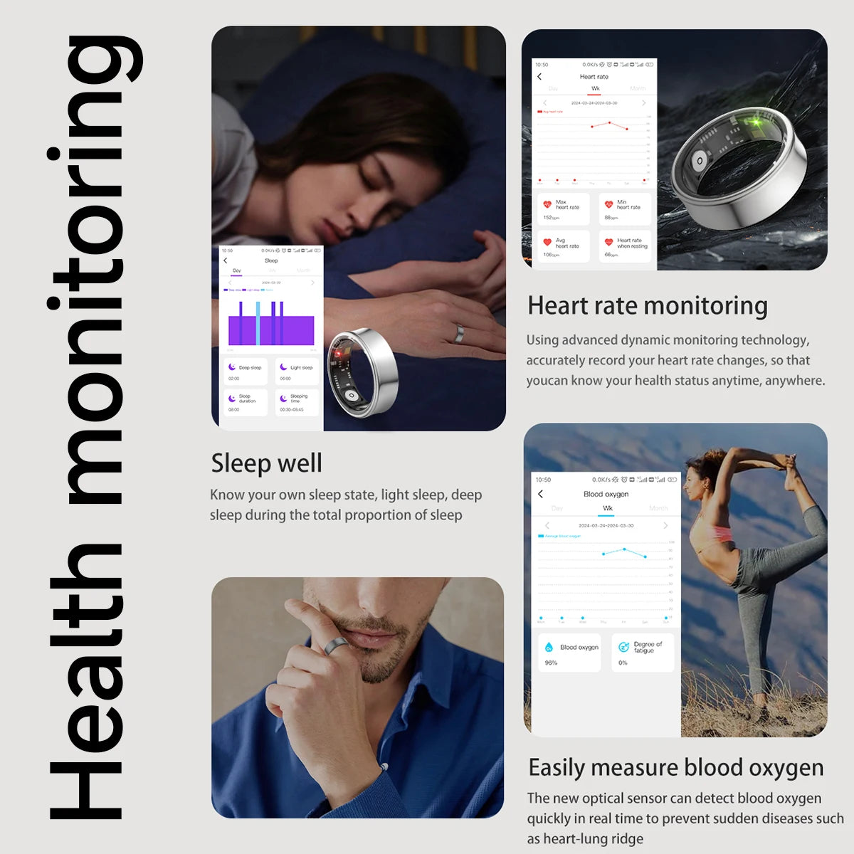 Smart Rings Health Monitor Sleep Tracker Heart Rate SpO2 Blood Oxygen Fitness Activity IP68 Waterproof for Android iOS Men Women Vue