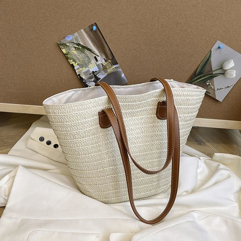 Women Braided Basket Clutches Top-handle Bag Large Straw Portable
