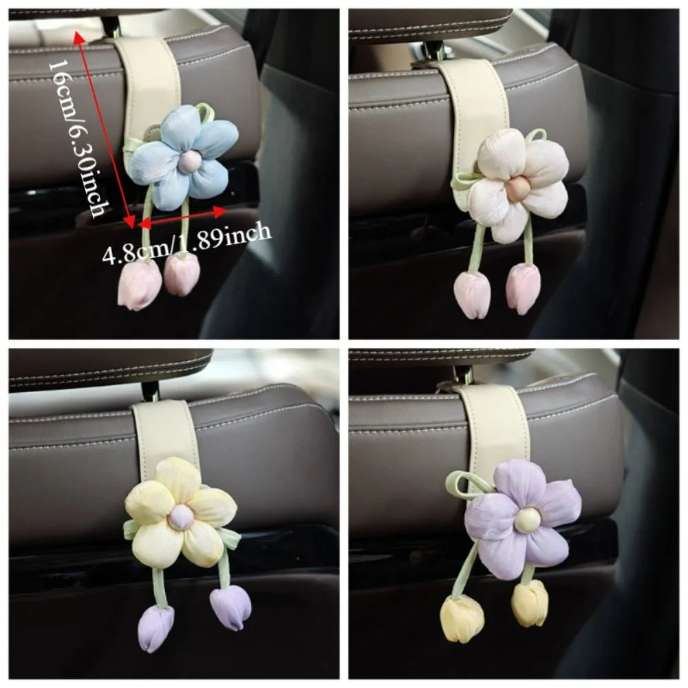 Portable Car Back Seat Hooks Leather Decorative Automotive Storage Hanger Space Saver Cute Tulip Flower Car Hooks Family Car Vue