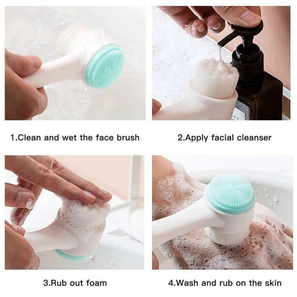 1pc Facial Cleansing Brush 3D Double Silicone Manual Massage Facial Brush Soft Bristles Exfoliator Double Sided Face Wash Brush Vue