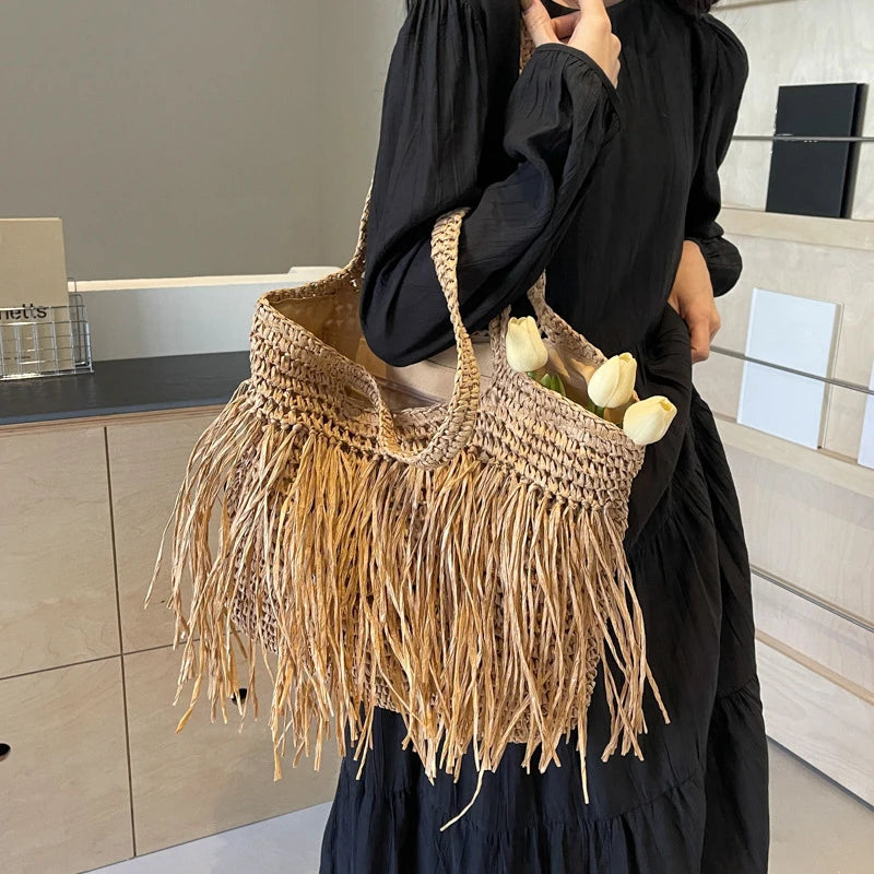 Casual Tassel Woven Women Shoulder Bags Handmade Fringe Lady Handbags