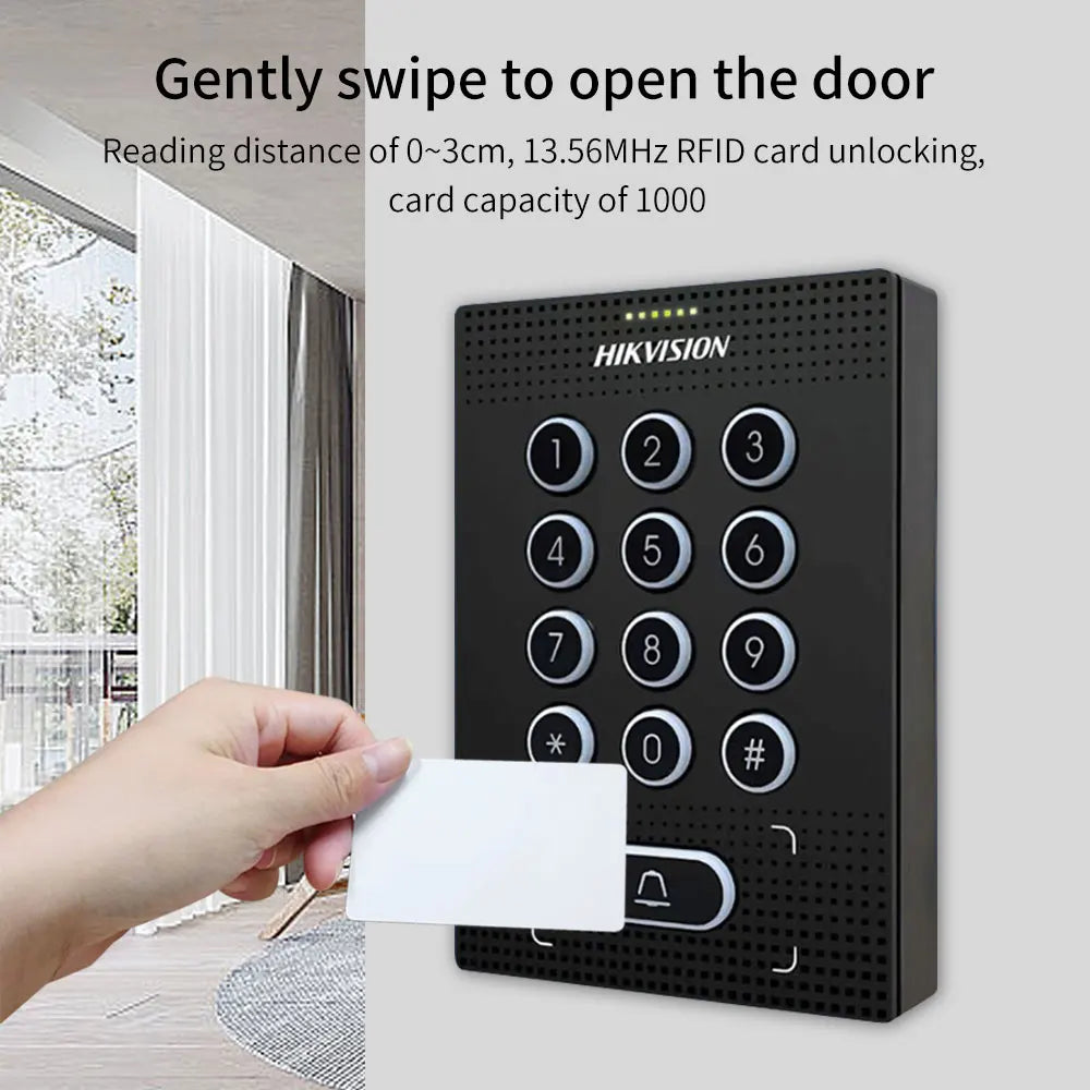 Hikvision Standalone NFC Access Control Keypad And Wiegand Card Reader,Doorbell Alarm Input 13.56Mhz CPU Card Password Door Open Vue