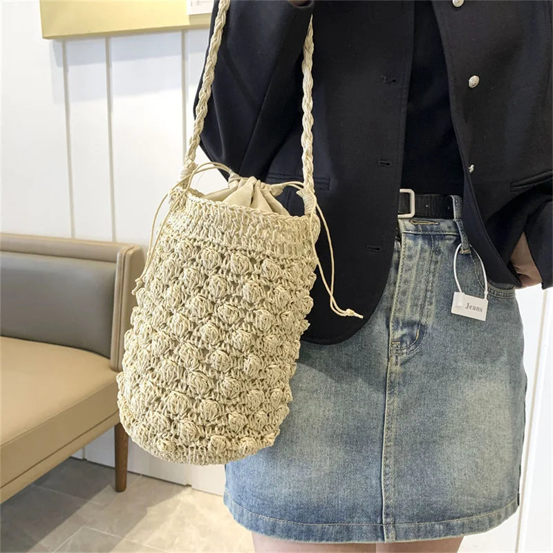 Summer Handmade Crossbody Bag Women Beach Weaving Drawstring Straw