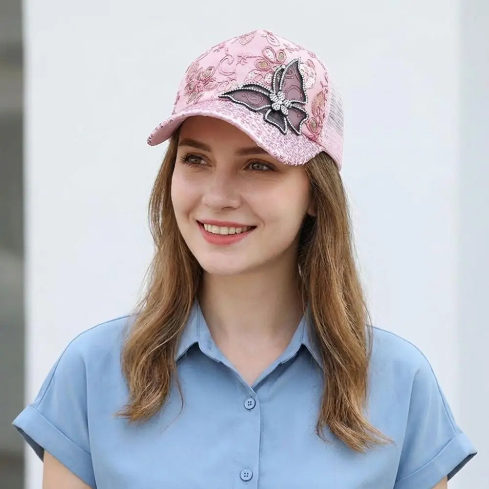 Trendy Mesh Women's Baseball Cap Black Rhinestone Butterfly Decor Sun