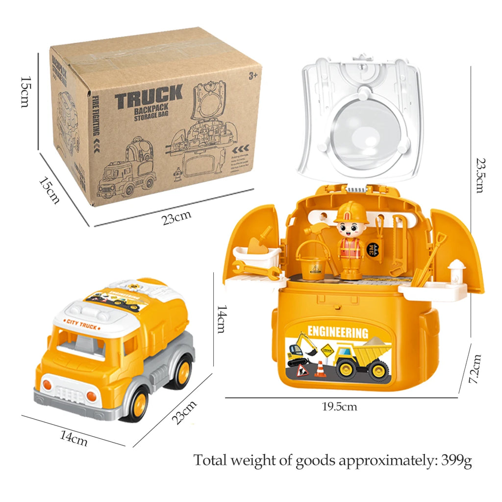 DIY Package Car Engineering Backpack, Mini Storage Play House Toy Car Bag Engineering Fire Fighting Police Style Model Toys Gift Vue