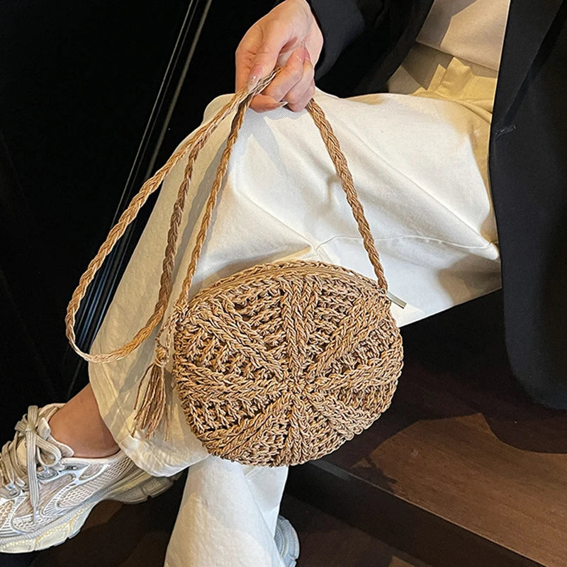 Rattan Woven Round Women Straw Bag Handbag Knit Summer Beach Woman