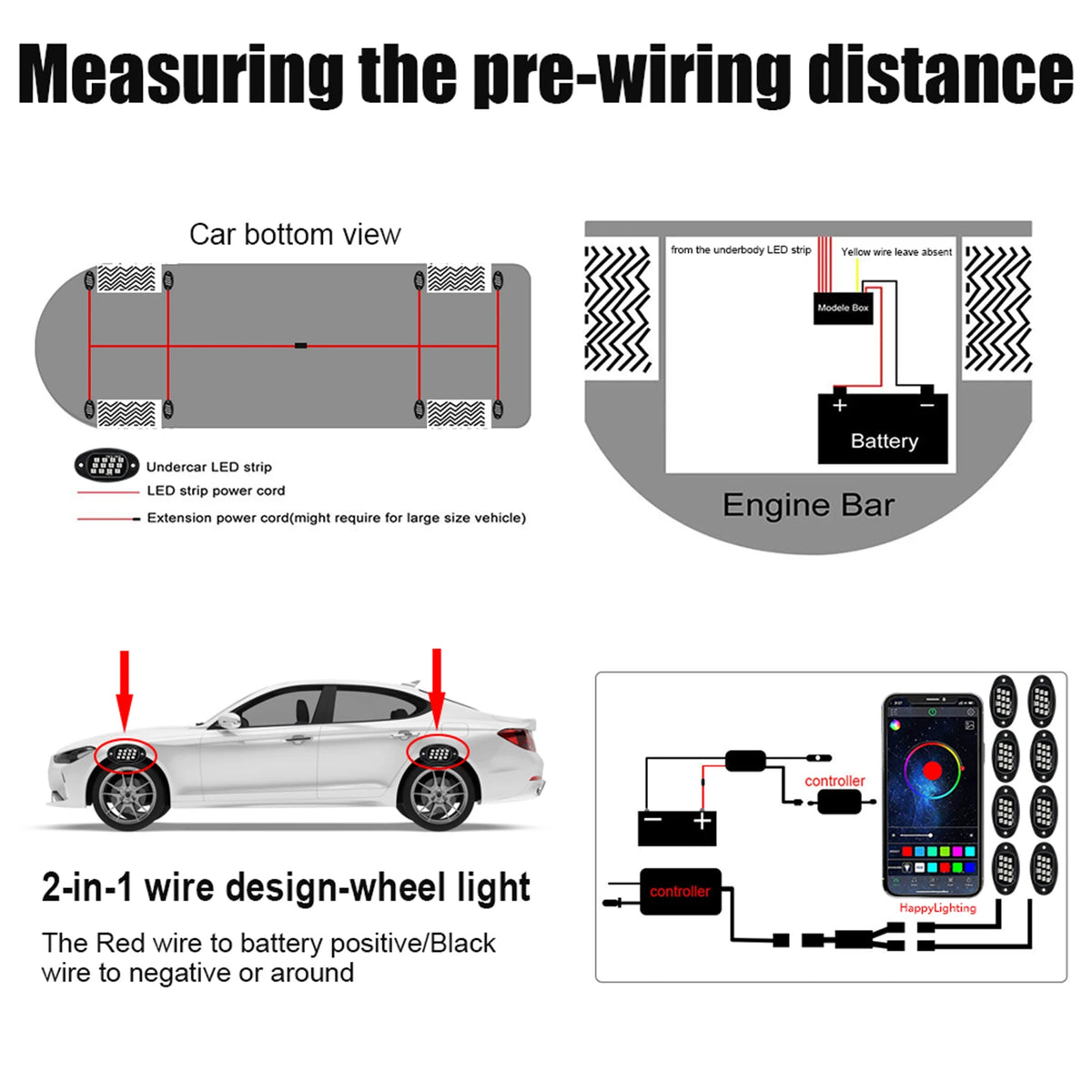 Multi-color LED rock lights with brightness, app control, and music synchronization—ideal for SUVs, ATVs Vue