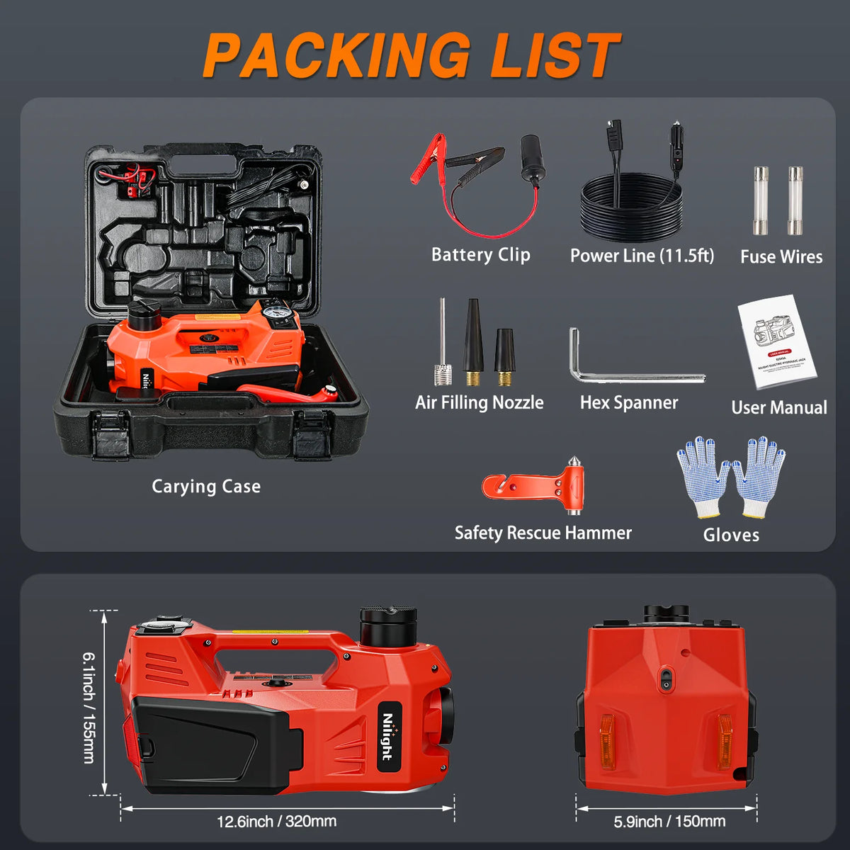 Electric Car Jack 5 Ton 12V Hydraulic with Inflatable Pump LED Light 3 in 1 Portable Floor Jack for Tire Change Vue RED United States