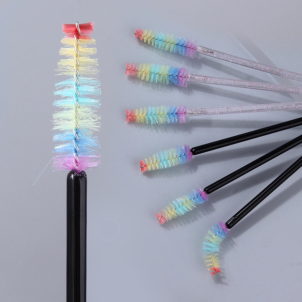 Hot Sale 50pcs Disposable Rainbow Eyelash Spoolies, Glitter & Black Handle Mascara Wands for Eyelash Extension & Eyebrow Styling Vue