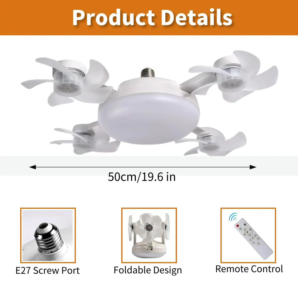 Screw in Ceiling Fan with Remote Control Light Bulb Dimmable 3 Color Temperatures & 3 Wind Speeds for Bedroom, Kitchen (4 Head) Vue