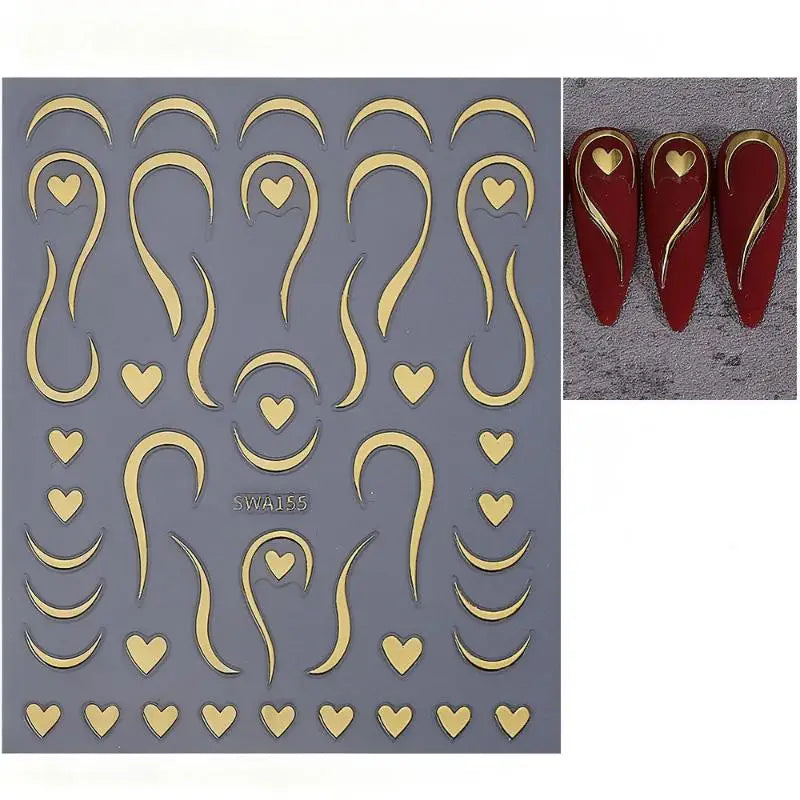 3D Gold French Lines & Love Heart Nails Stickers Luxury Heart Curve Line Ribbon French Nail Decals DIY Elegant Nail Decorations Vue Gold