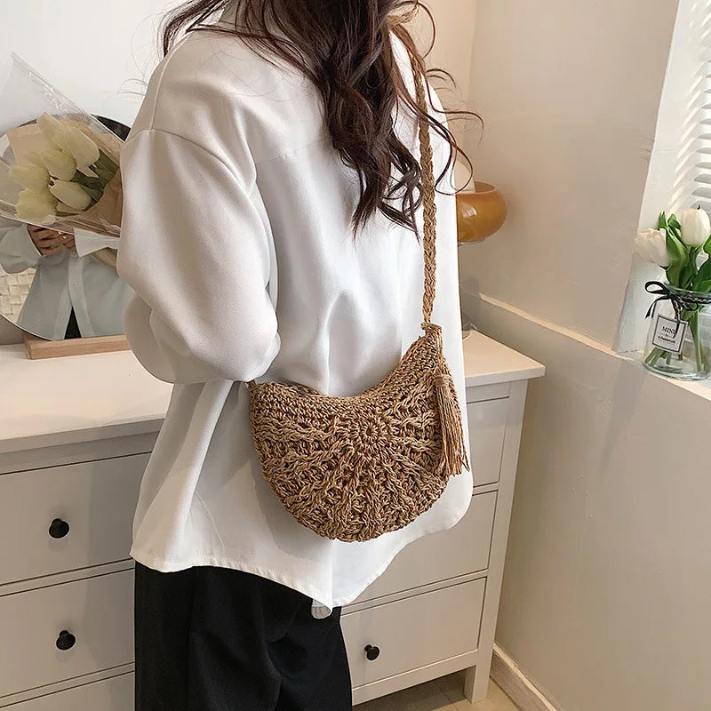 Fashion Semicircle Straw Woven Shoulder Crossbody Bag Travel Small