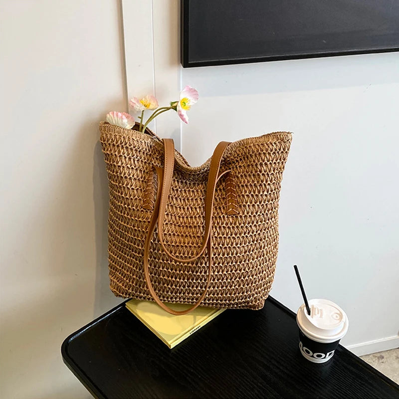Women Top-handle Bags Straw Summer Beach Bucket Bag Woven Tote Purse