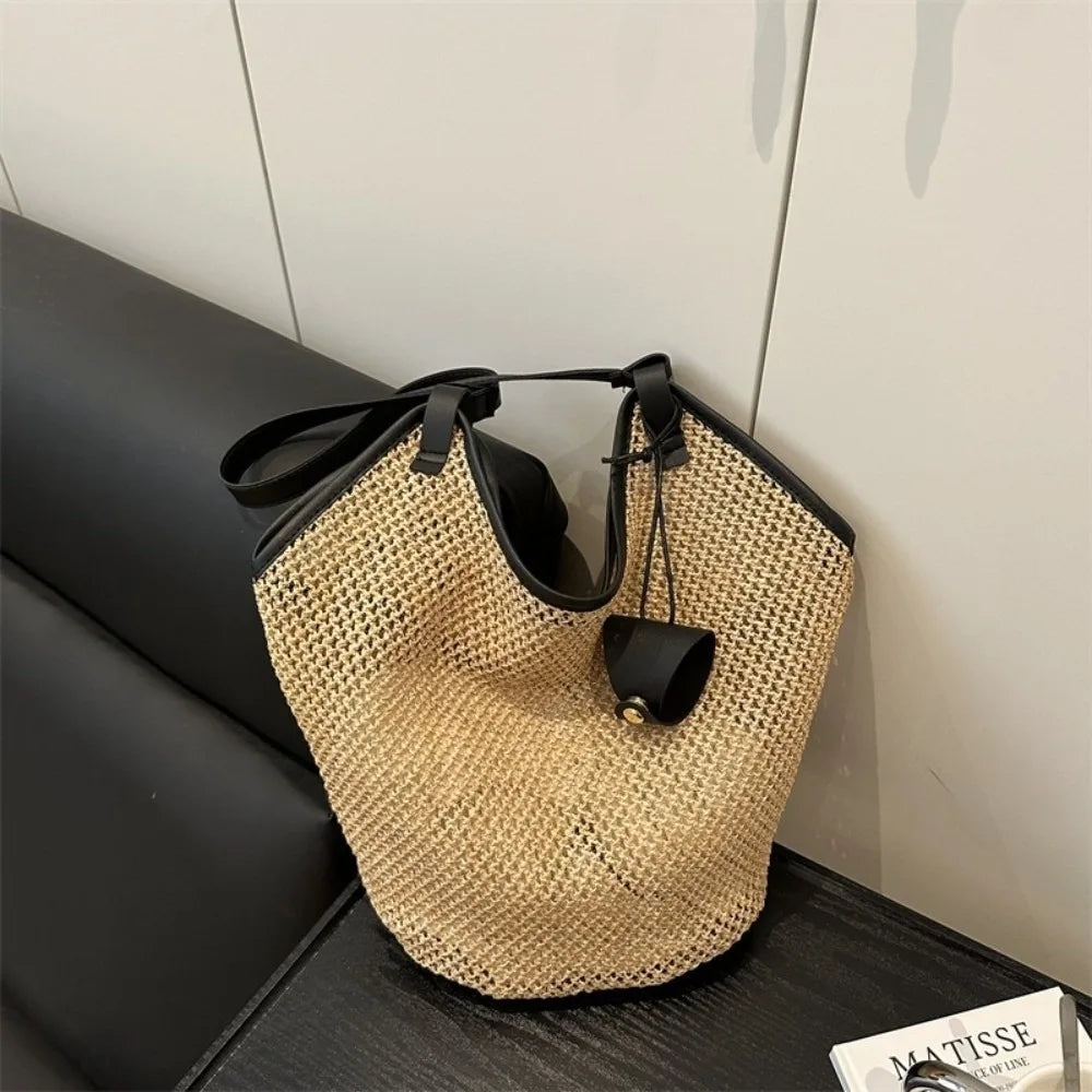 Summer Straw Woven Shoulder Bag Large Capacity Hollow Out Tote PU