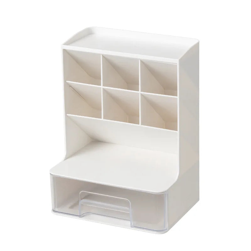 Large Capacity Cosmetic Tools Organizer with Drawers Oblique Makeup Brushes Storage Box for Storing Brushes Lipsticks Eyeshadows Vue White