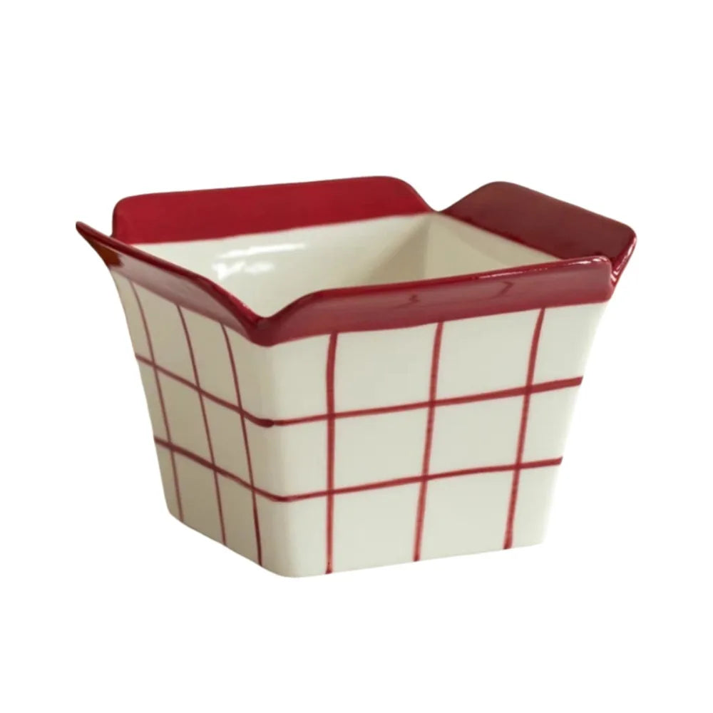 Decorative Ceramic French Fries Bowl Striped Pattern Heat-resistant Snack Bucket Cartoon Square Bowl Popcorn Maker Restaurant Vue Style B