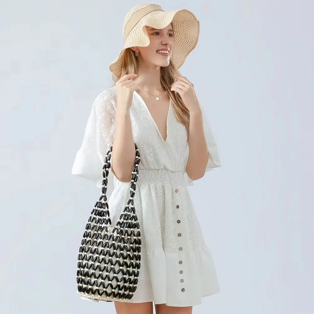 Elegant Bohemian Woven Hand Bag Female Style Exquisite Design Wooden Bead Tote Handmade Hollow-out Handbag Casual Use Vue
