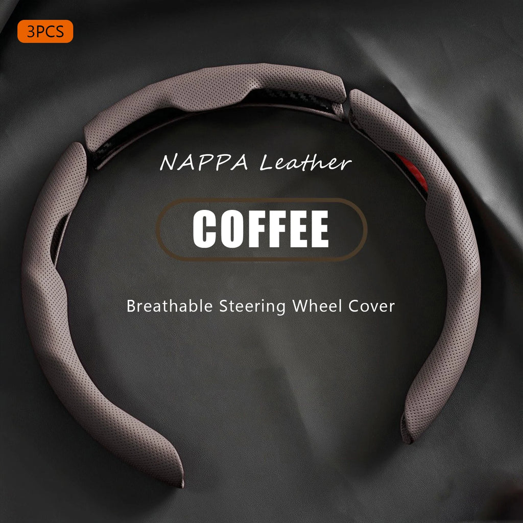 3PCS NAPPA Leather Universal Car Steering Wheel Cover Breathable Anti Slip Car Decoration 37-38cm Resistant Automotive Parts Vue