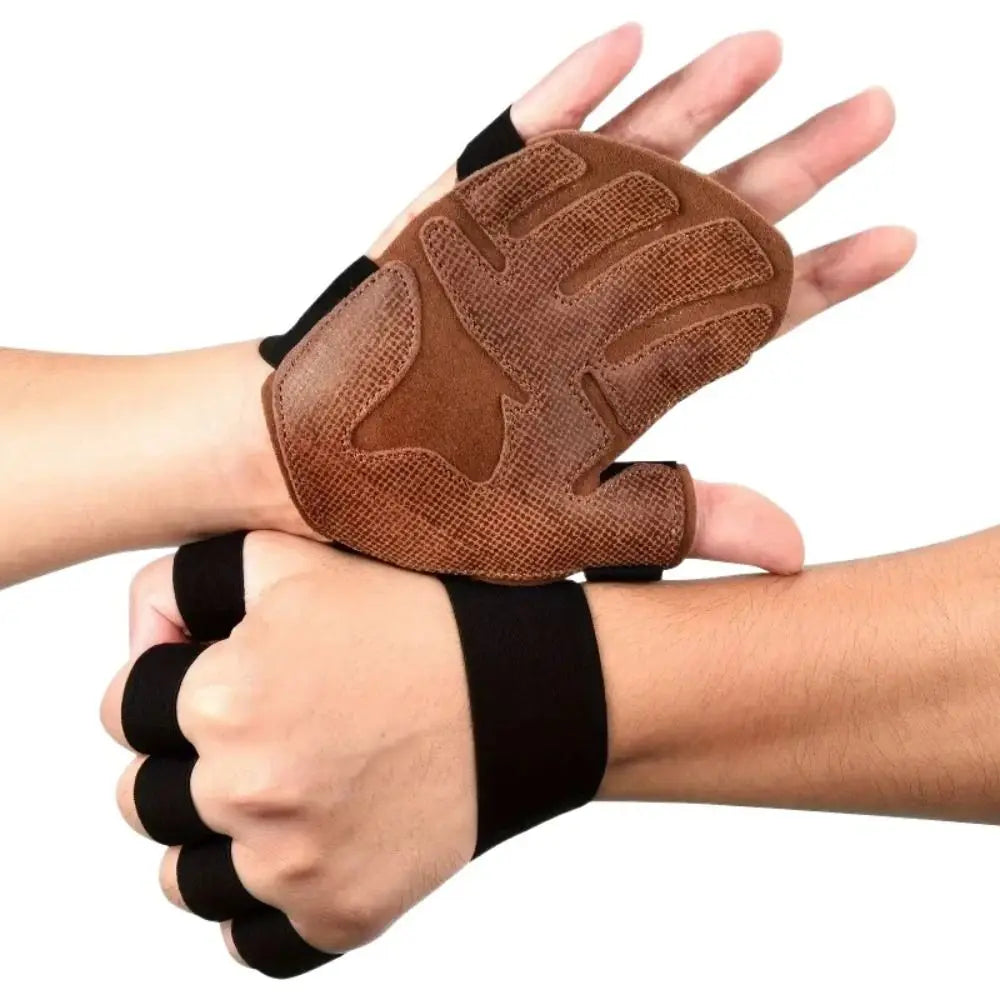 1 Pair Cowhide Weight Lifting Gloves Four-finger Non-Slip Ventilated Gym Wristband Deadlift Training Fitness Workout Gloves Vue