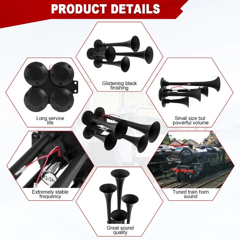 12V 24V 150dB Universal 4-Trumpet Air Horn Loud Sound Horn Black Claxon Horns for Car, Truck, Boat , Motorcycle Vue