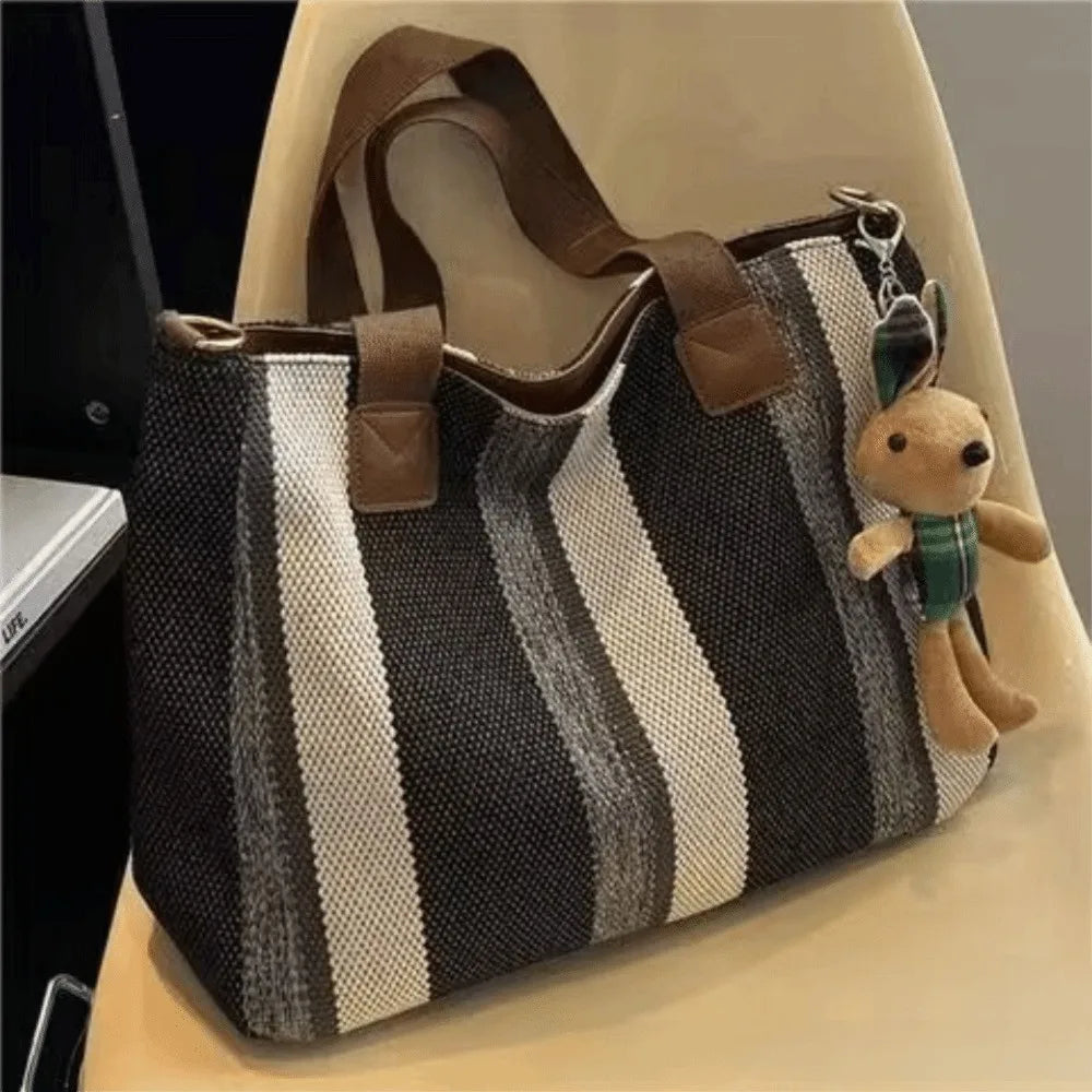 New Cloth Striped Tote Bag Detachable Strap Adjustable Shoulder Bag Dual Handles with Rabbit Pendant Handbag Office Vue Black