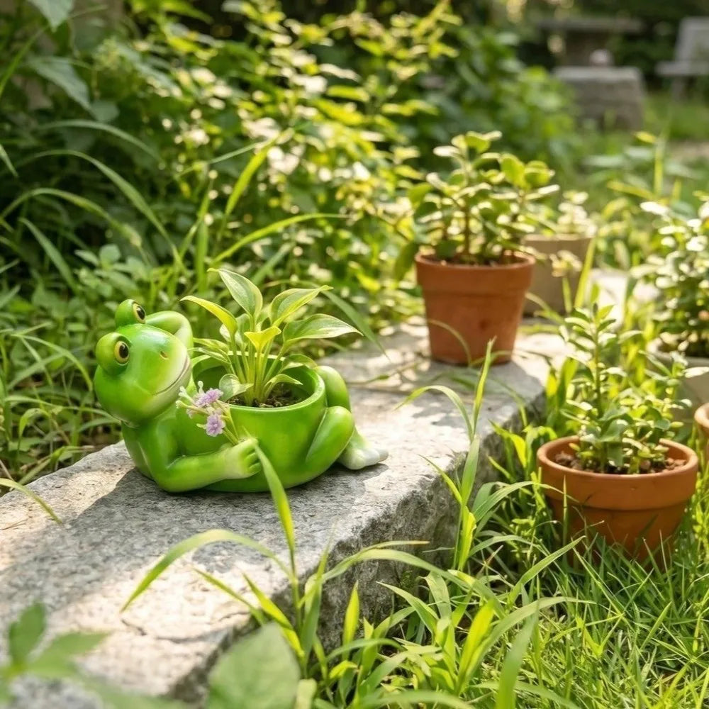Flower Planter Resin Frog Flower Pot Cartoon with Drainage Hole Plant Holder Decorative Lying Frog Figurine Garden Vue
