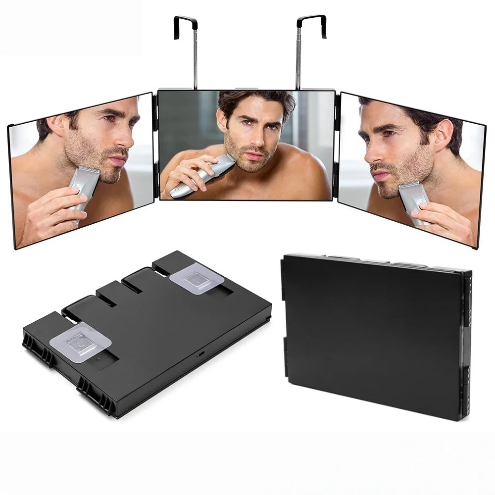 Travel Portable 360° Trifold Vanity Makeup Mirror with Height Adjustable Telescoping Hook for Hair Self Cutting Shaving Gifts Vue Black