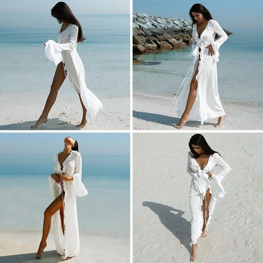 Fashion V Neck Summer Beach Cover Up Ruffled Loose Bikini Sunscreen Vue