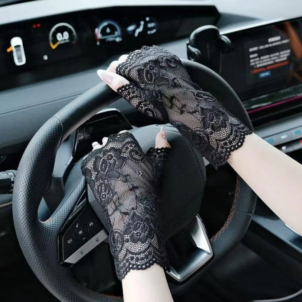 Summer Thin Half-finger Gloves Elasticity UV Protection Mesh Lace Vue Black