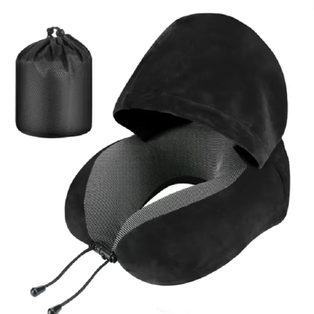 Removable Travel Neck Pillow Washable Cover with Storage Bag Hooded Pillow Adjustable Comfortable U-shaped Pillow with Cap Vue Black Velvet