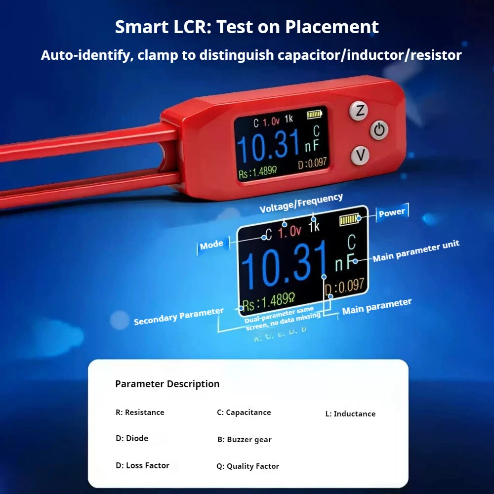 Smart Digital Tweezer LCR Bridge Tester 1mΩ-20MΩ 1pF-10mF 0.5uH-2H 1.14" Screen Type-C Rechargeable Multimeter for Component Vue