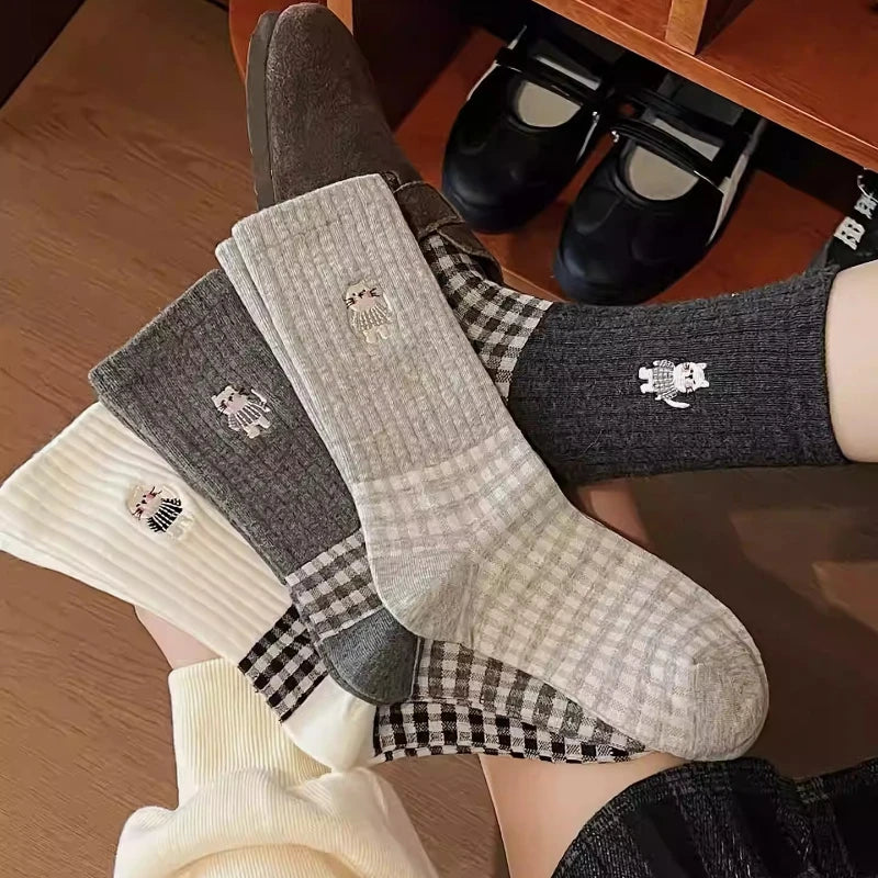 1-10Pairs Gray Plaid Cat Print Mid Calf Socks for Women Japanese Vintage Style Cotton Crew Socks School Daily Wear Spring Autumn Vue