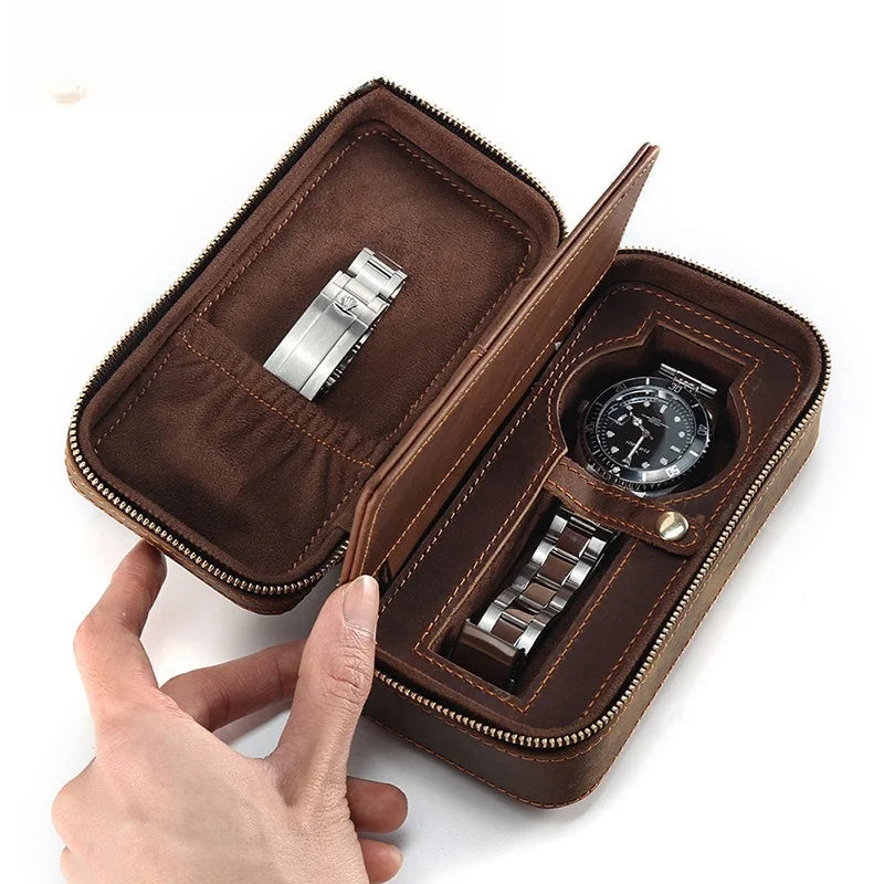 Retro Crazy Horse Leather Rectangle Watch Box Single Pack Travel Zipper Leather Premium Watch Storage Box Vue