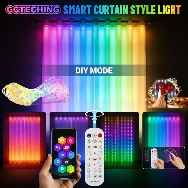 400LEDs Smart Curtain Lights, Bluetooth App RGB Fairy String Lights, DIY Music Sync LED Lights for Window Bedroom Decoration Vue