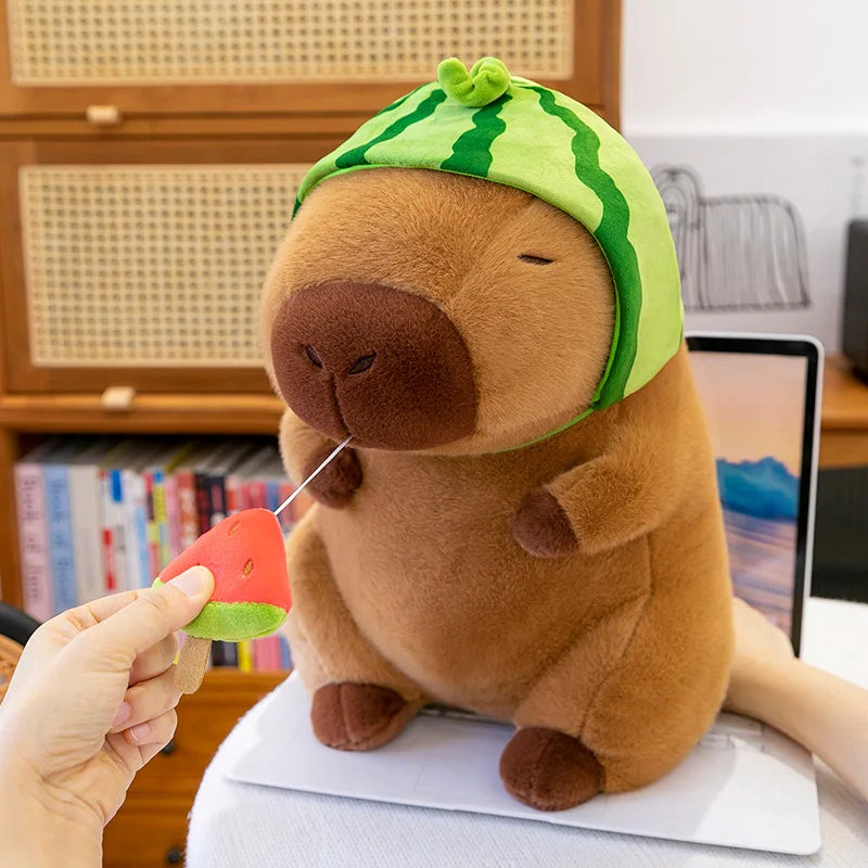 25cm Watermelon Dolphin Hat with Detachable Kapibala Plush Doll Cute Summer Gift for Girls Kawaii Beach Accessory Vue