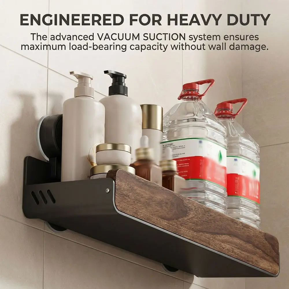 Mid-Century Modern Bathroom Shelf Walnut Finish Space Saving Bathroom Storage Rack Suction Cup Strong Grip Vue