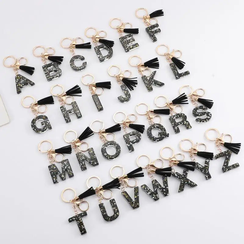 Black Glitter Star Sequins Resin 26 Letters Keychain Initials A-Z Keyring Tassel Charm Accessories Backpack Hanging Decoration Vue