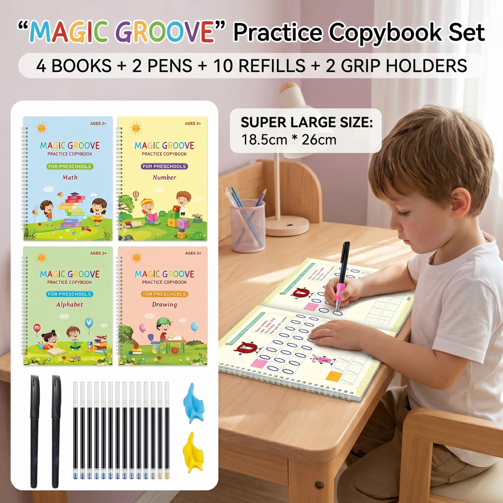 4PCS Reusable Magic Practice Copybook Kids Grooves Calligraphy Handwriting Learning Preschool Tracing Book with Pen for Students Vue