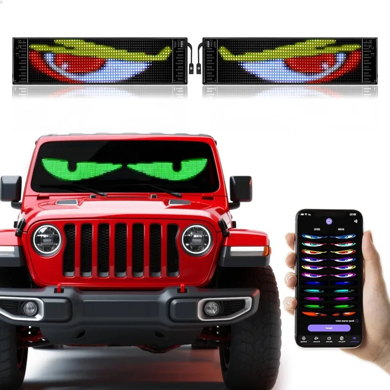 2PCS Devil Eyes Light Soft Screen Flexible Scrolling Programmable LED Signs Custom Colors Animations Text for Car SUV Windshield Vue