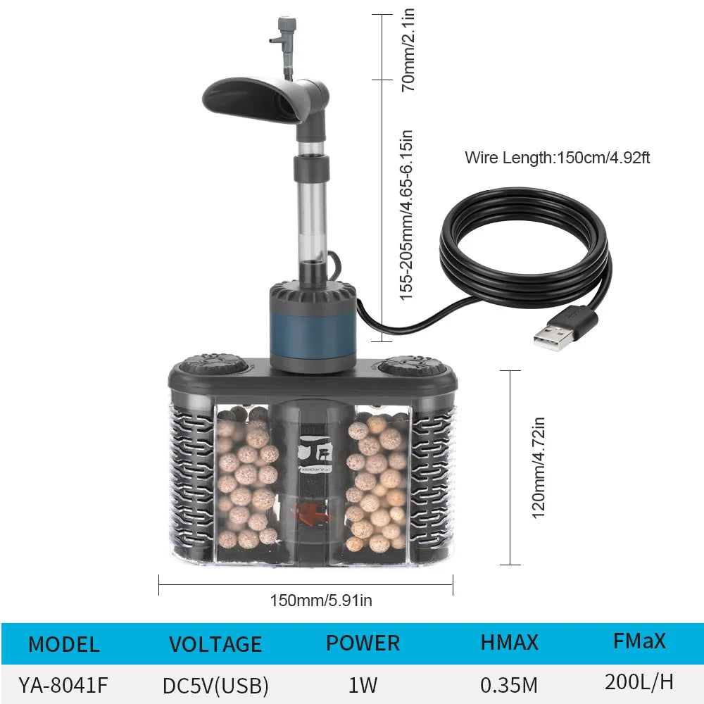 3-in-1 Aquarium Filter Fish Tank USB Multi Functional Built-in Filter Adjustable Electric Oxygenating Wave Generating Filter Vue YA-8041F
