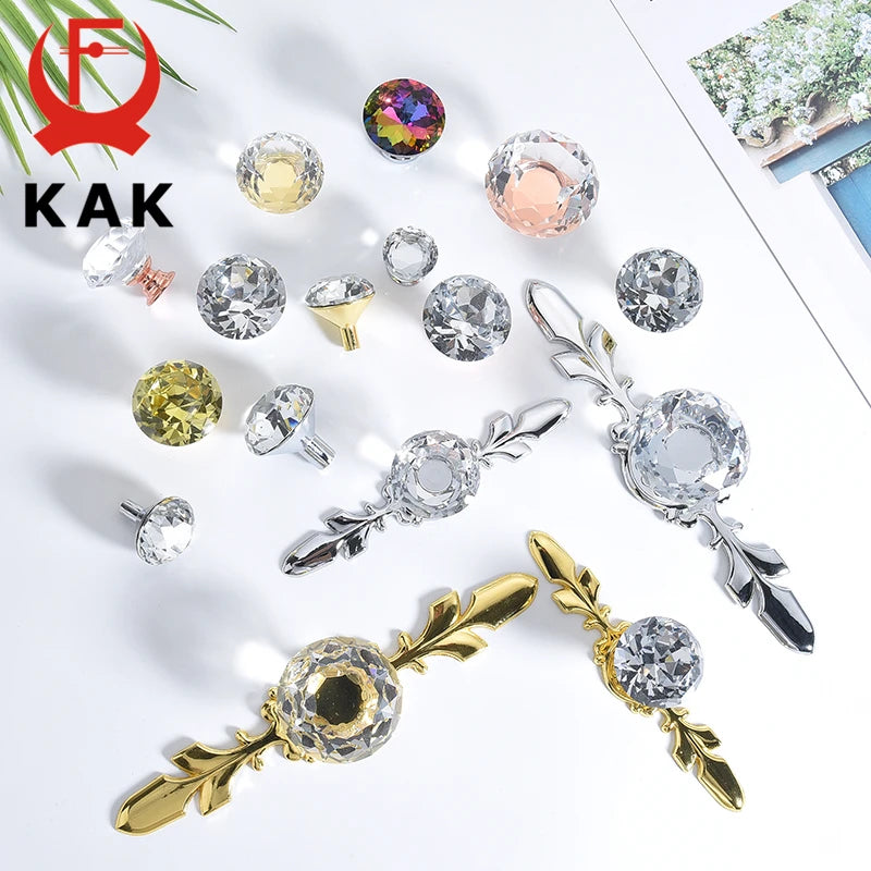 KAK Gold Diamond Crystal Glass Cabinet Knobs and Handles Cupboard Door Pulls Zinc Alloy Kitchen Handle Furniture Door Hardware Vue