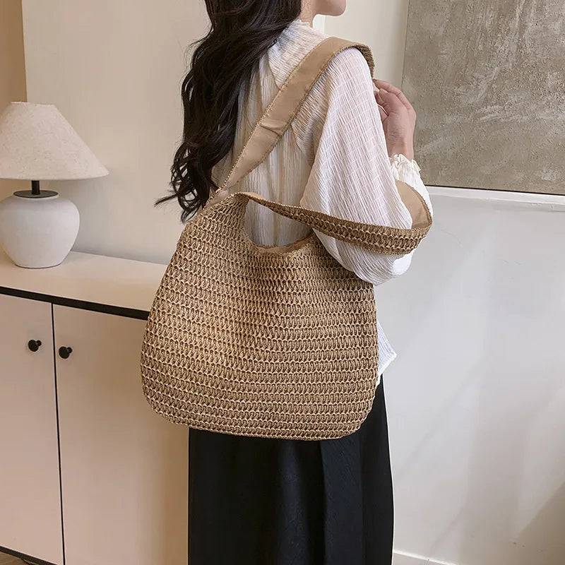 Solid Woven Tote Bag Hollow Out Breathable Shopping Straw Lightweight