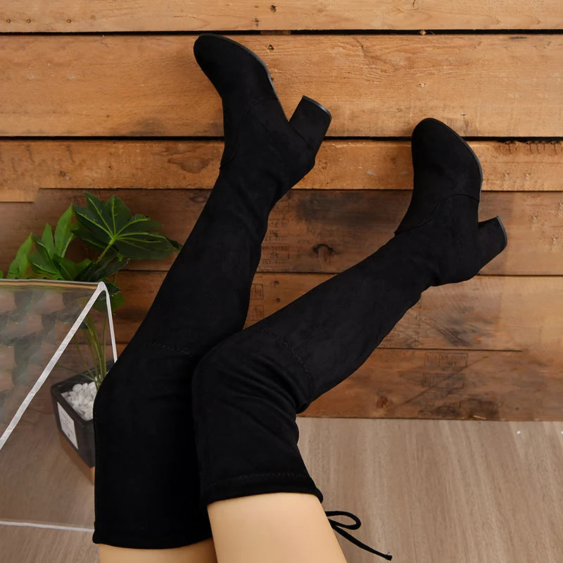 Women's Thigh High Lace-Up Platform Stretch Boots | Block Heel Thigh High Boots Vue