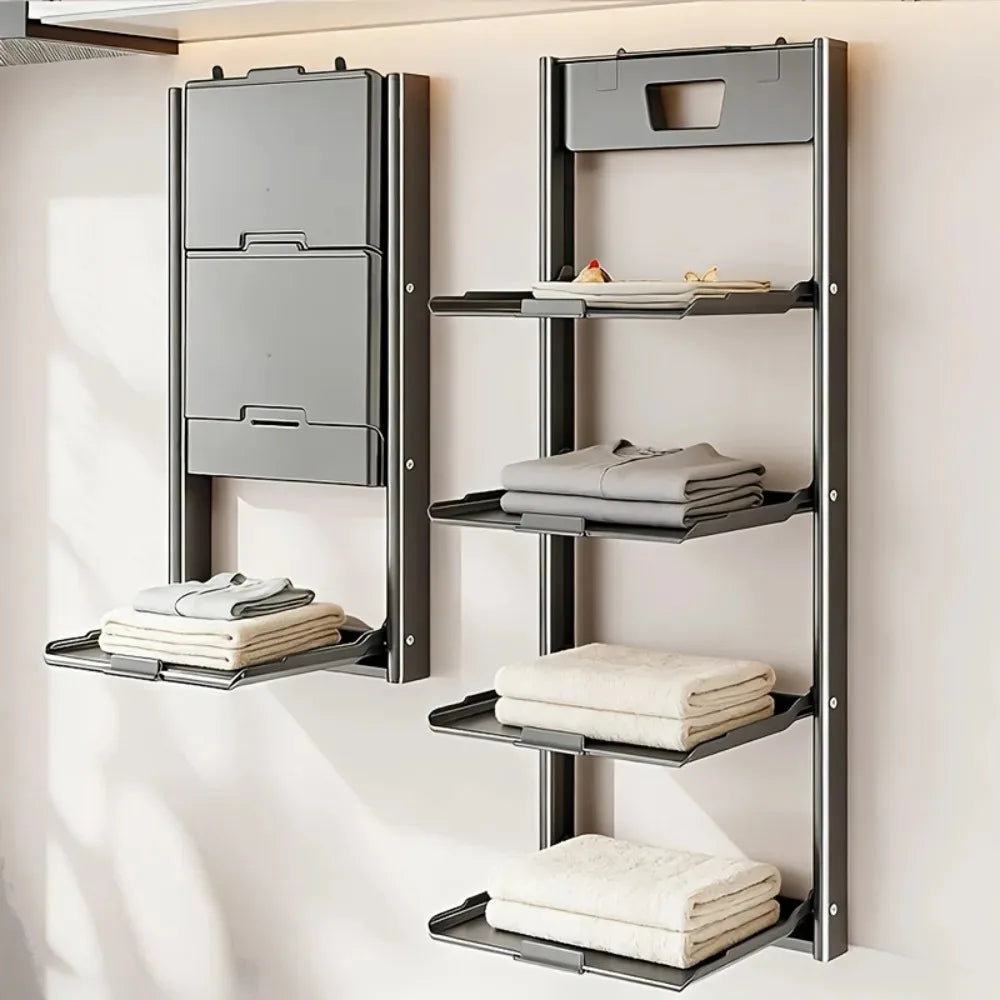 Foldable Wall Mounted Bathroom Organizer Shelf Punch-Free Aluminum Storage Rack for Towels Cosmetics Kitchen Bathroom Multi-Tier Vue
