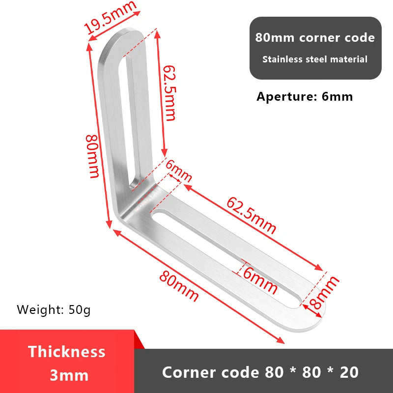 1PCS L-shaped Stainless Steel Adjustable Angle Code Long Hole Activity 90 ° Right Angle Furniture Fixer Shelf Bracket Connector Vue 6 Silver