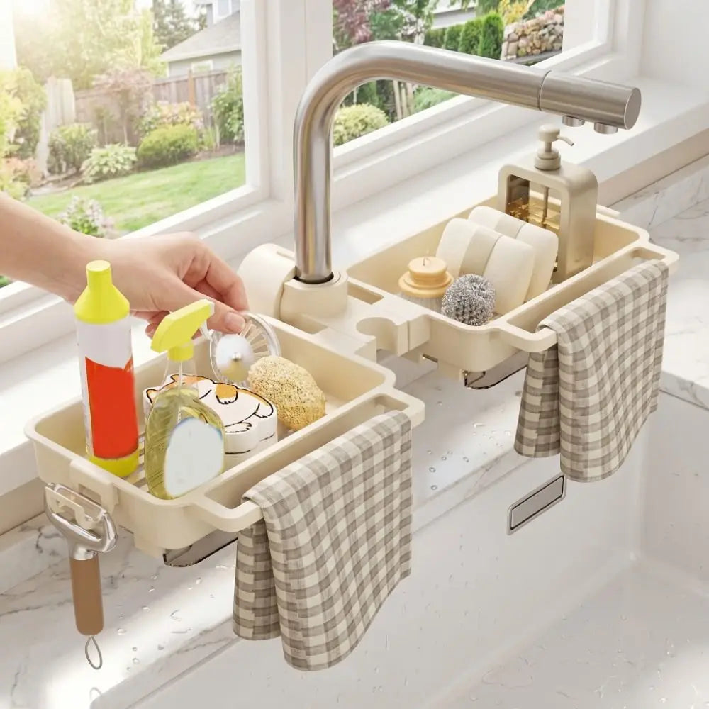 Practical Plastic Sink Drain Rack Adjustable Large Capacity Faucet Drain Rack Hanging Space Saving Soap Drainer for Kitchen Vue