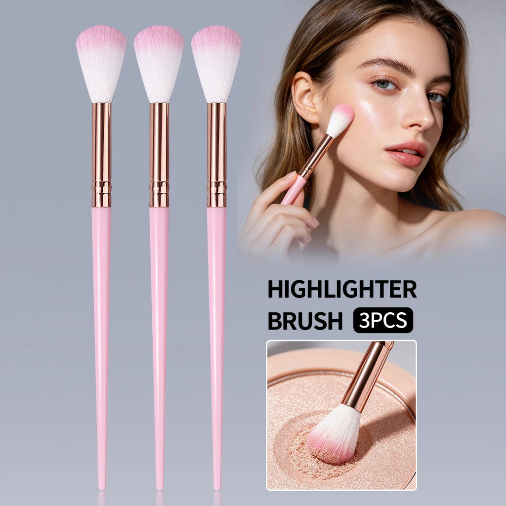 3PCS Gradient hair Highlighter Makeup Brushes, Pink Long Handle Rose Gold Ferrule Precision Powder Brush Free Shipping Precise H Vue Pink