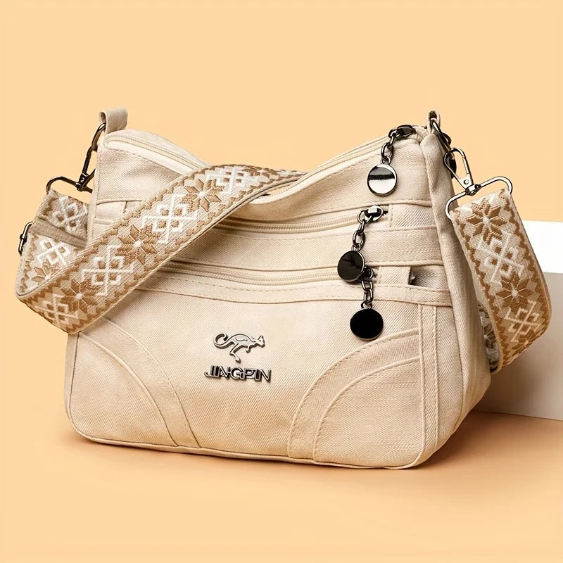 Women Vintage Grey Canvas Shoulder Bag Multi Pocket Crossbody