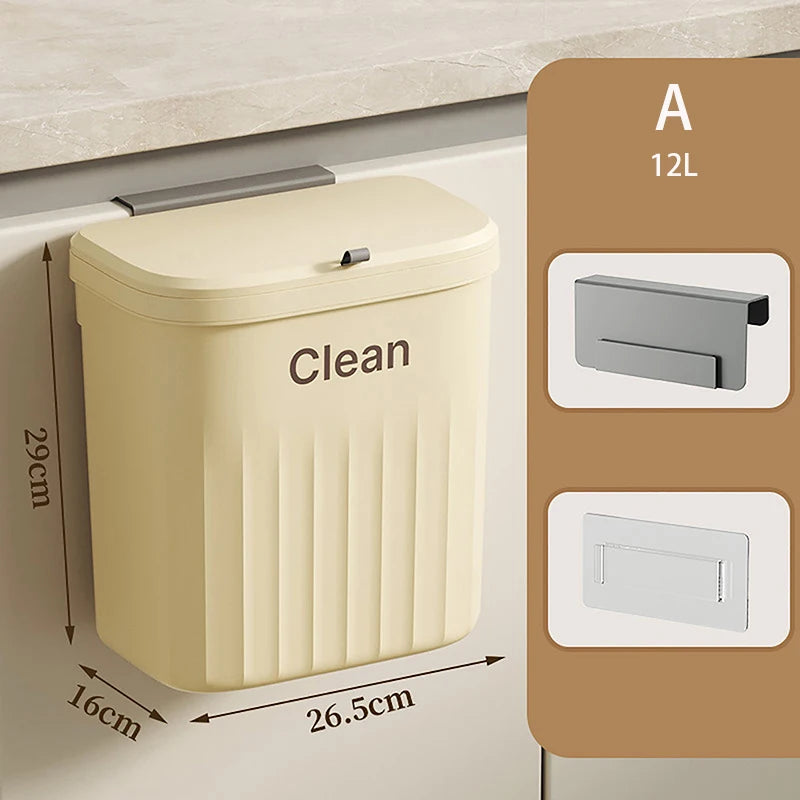 8.5/12L Kitchen Trash Can Wall Mounted Hanging Trash Bin With Lid Garbage Can For Cabinet Under Sink Waste Garbage Compost Bin Vue A